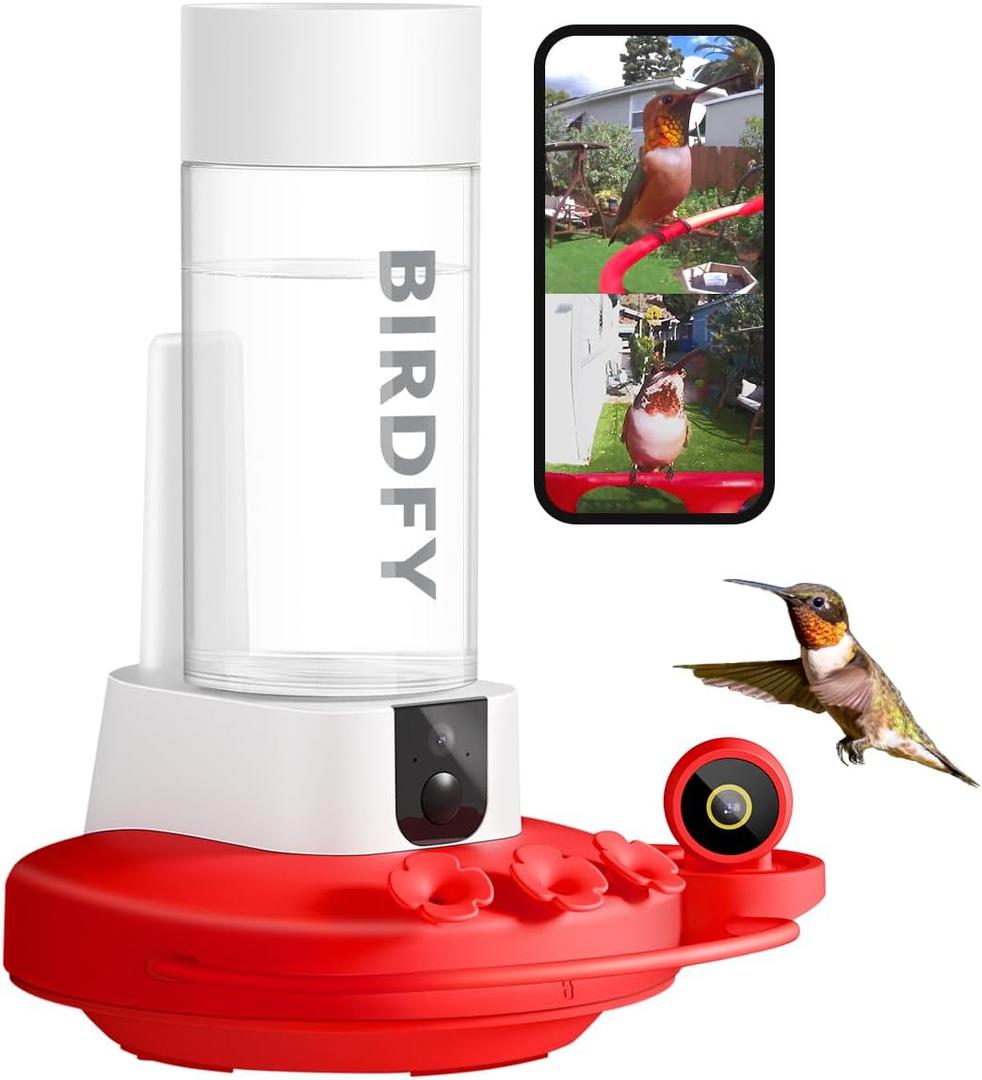 Birdfy Hummingbird Feeder with Dual Cameras AI Identify - 2K HD Smart Cameras, Close-Up Bird Video/Live Watching & Instant Notifications, Ant Moat & Leakproof - 20oz