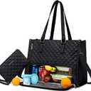 LOVEVOOK Lunch Tote Bag for Women, 15.6 Inch Laptop Bag with Insulated Lunch Compartment, Quilted Large Capacity Computer Handbag with Purse for Business, Work, Nurse, Office, Collage, Casual, Black