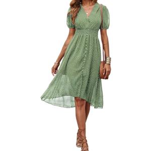 PRETTYGARDEN Women's Floral Wrap V-Neck Midi Dress Short Sleeve Boho Summer Beach Long Dress High Low Hem Smocked Dress Women (Green, M)