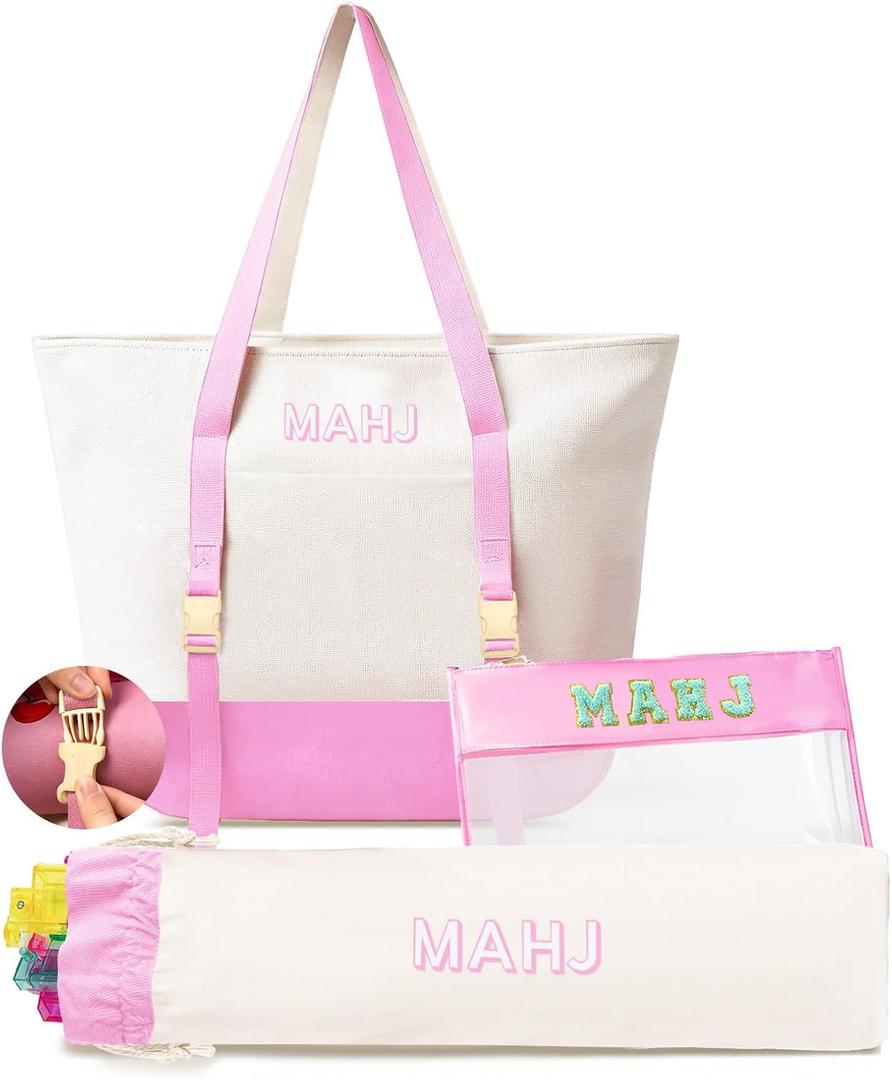 Empty Mahjong Tile Bags Set for American Tiles and Racks,Canvas Tote Bag with Mat Holder Accessories Organizer,Portable Mahjong Case Drawstring Protective Sleeve for Rack Pushers,Pink