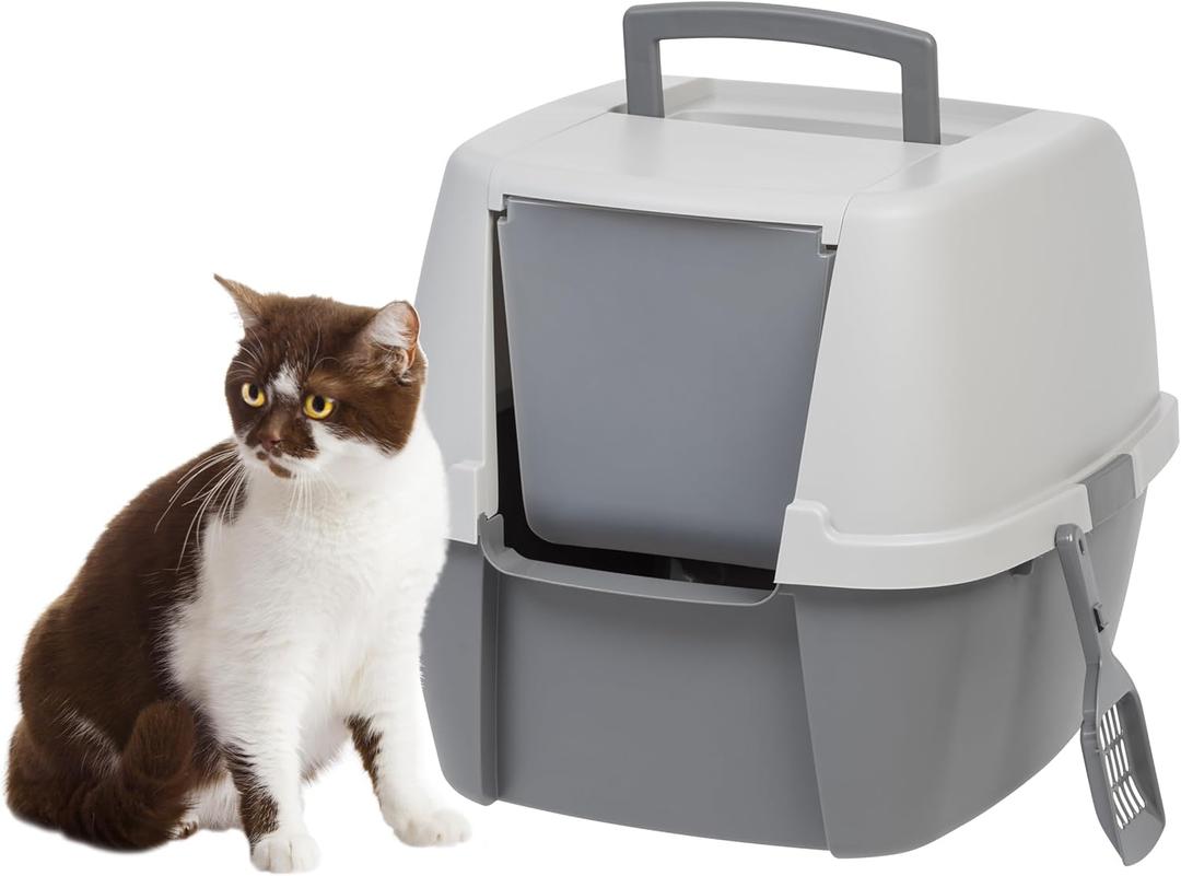 IRIS USA Cat Litter Box, Enclosed Litter Box with Front Door Flap and Scoop, Covered Kitty Litter Box with Handle and Buckles for Portability and Privacy, Dark Gray (Jumbo Enclosed, Dark Gray w/ Scoop)