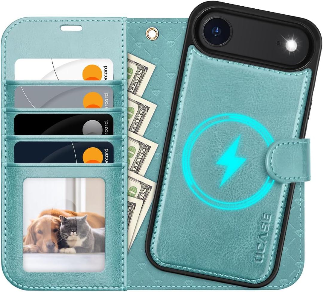 OCASE for iPhone Air Detachable Wallet Case with Card Holder, 2 in 1 PU Leather Flip Folio with RFID Blocking Stand Wrist Strap Shockproof Phone Cover 6.5 Inch 2025, Ice Blue