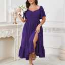 SCOMCHIC Womens Plus Size Wedding Guest Cocktail Dresses Sweetheart Neckline Short Sleeve Smocked Ruffle Slit Maxi Dress (Purple, XXXL)