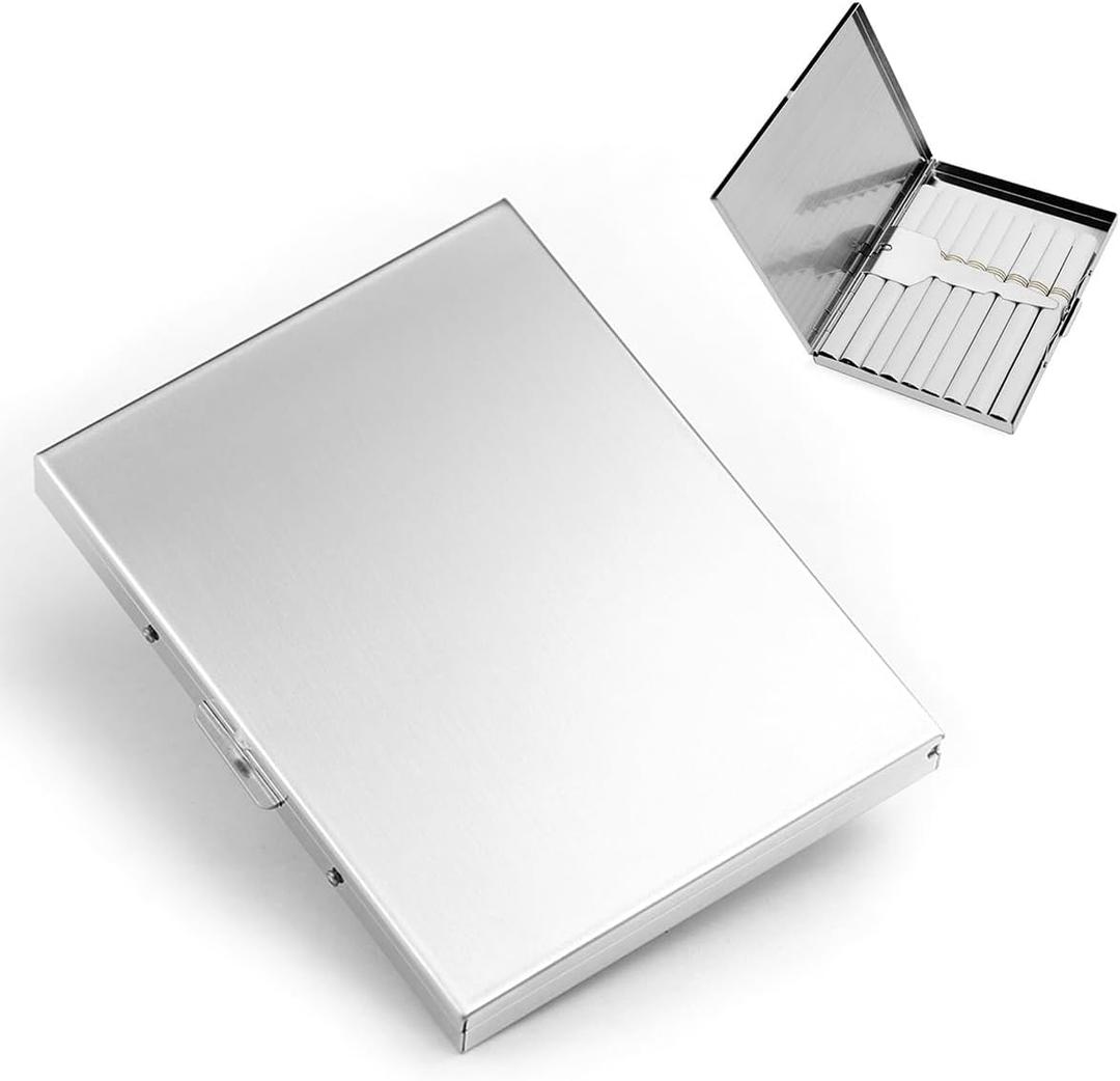 Stainless Steel Extra Slim Cigarette Case Metal Cigarette Holder Case for 100's and 84's (Silver (Flat))