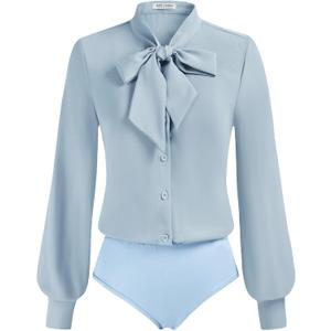 Kate Kasin Women Bow Tie Neck Office Blouse Button Down Long Sleeve Bodysuits Blouse Top (Small, Gray Blue)