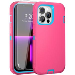 JGS for iPhone 13 Pro Max Case 6.7", Military Grade 3 in 1 Heavy Duty Shockproof/Drop Proof Case with 2 PCS Tempered Glass Screen Protector (Pink Blue)