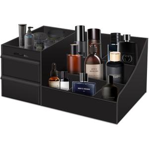 Black Vanity Organizer with Drawers – Large Men's Countertop Storage Box for Cologne, Skincare, Makeup, Perfume – Waterproof Dresser Organizer for Bathroom, Bedroom, Desk