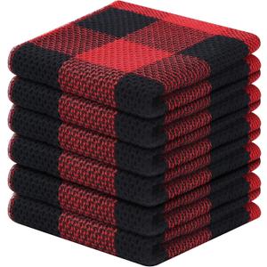 Homaxy 100% Cotton Waffle Weave Check Plaid Dish Cloths, 12 x 12 Inches, Super Soft and Absorbent Dish Towels Quick Drying Dish Rags, 6-Pack, Black & Red