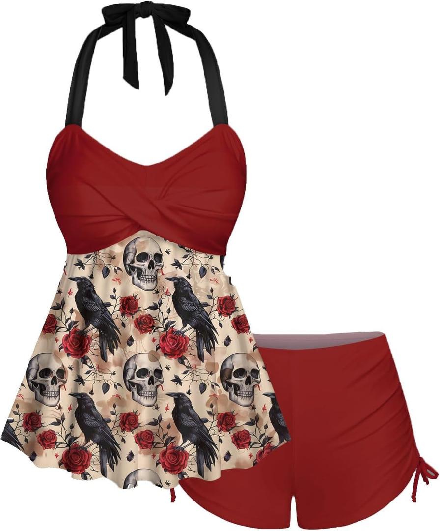 Rosegal Women Plus Size Goth Two Piece Tankini Set Skull Rose Flower Halter Swimsuits (Red, XXL)