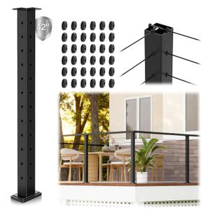 42" T-Drilled Corner Cable Railing Post, Three-Side Holes Stainless Steel T304 Corner Rail Post, Upgraded Black One-Post Corner Solution, Wire Metal Post for Indoor Outdoor Corner Railing