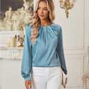 Bluetime Silk Blouses for Women Dressy Work Satin Dress Shirts Pleated Long Sleeve Business Casual Tops Fall Outfits (Blue, L)