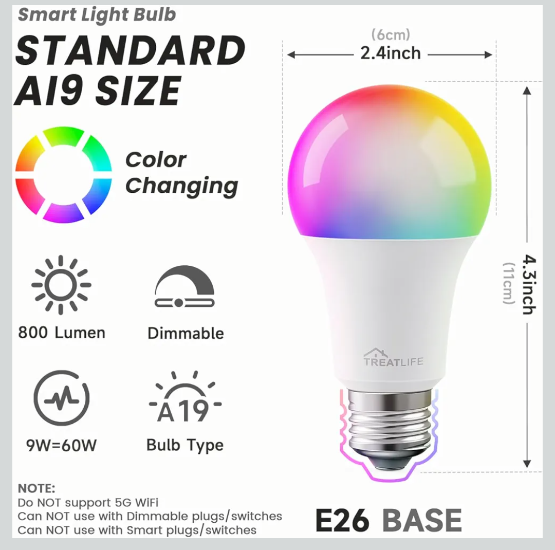 TREATLIFE Smart Light Bulbs Pack, UL Certified 2.4GHz Color Changing Light Bulb, Works with Alexa Google Home, A19 E26 Dimmable LED Light Bulb 9W 800 Lumen for Party Decoration, Smart Home Lighting