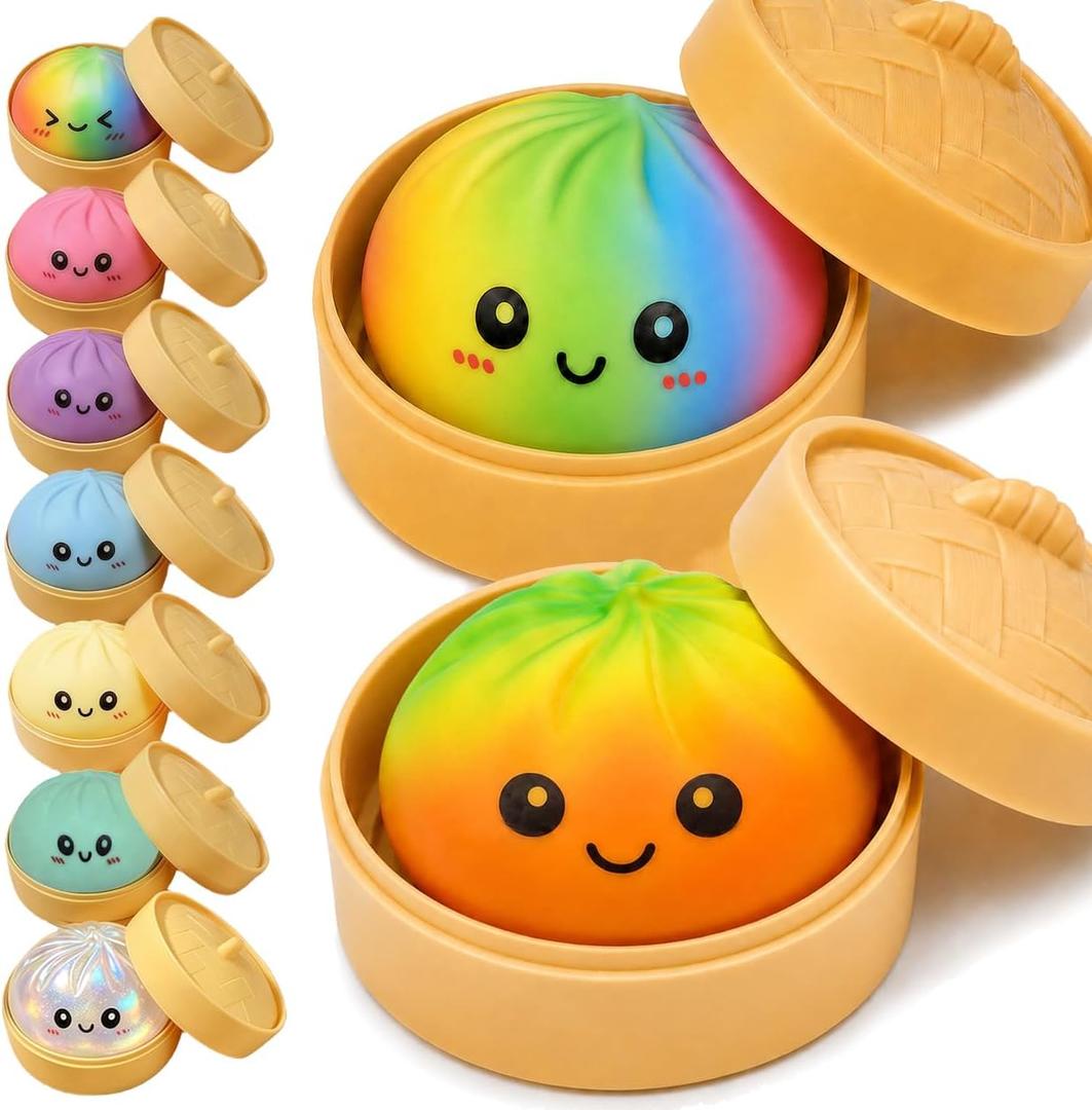 2PCS Rainbow Dumpling Squishies Toys with Food Steamer,Colorful Squeeze Dough Fidget Sensory Stress Balls,Stretchy Hand Desk Toys for Stress Relief Squishies Dumpling Gifts