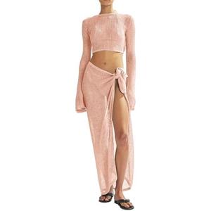 LANNEW Women's Swimsuits Cover Ups Set for Crochet Bathing Suit Hollow Out 2 Piece Bikini Coverup Beach Swimwear, S, Pink