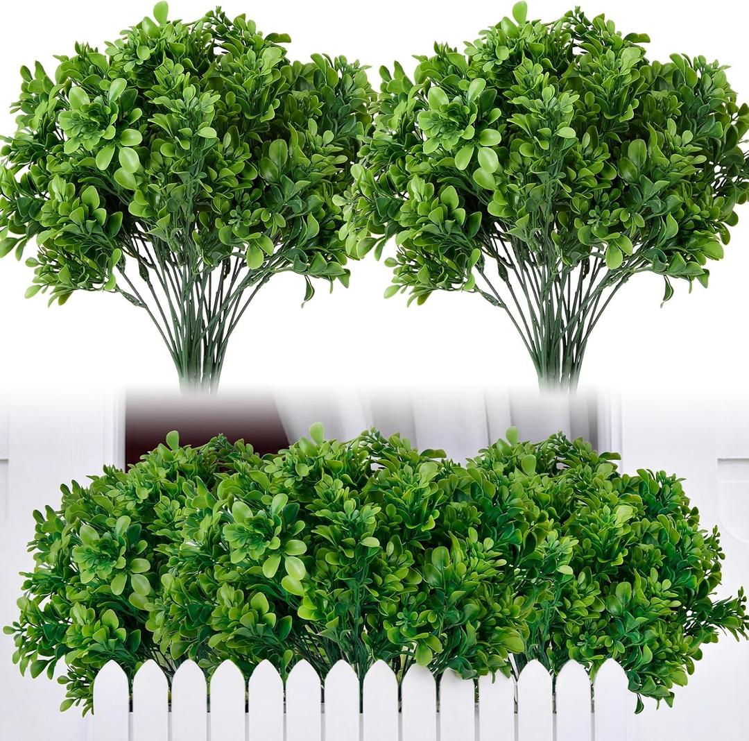 Hoteam 12 Bundles 12" Artificial Boxwood Stems Faux Greenery Plants UV Resistant Plastic Shrubs Fake Plants for Outdoor Window Porch Garden Farmhouse Home Decor
