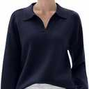 SUUKSESS Women Cashmere Oversized V Neck Pullover Sweaters Long Sleeve Collared Knit Jumper Tops (Medium, Navy Blue)