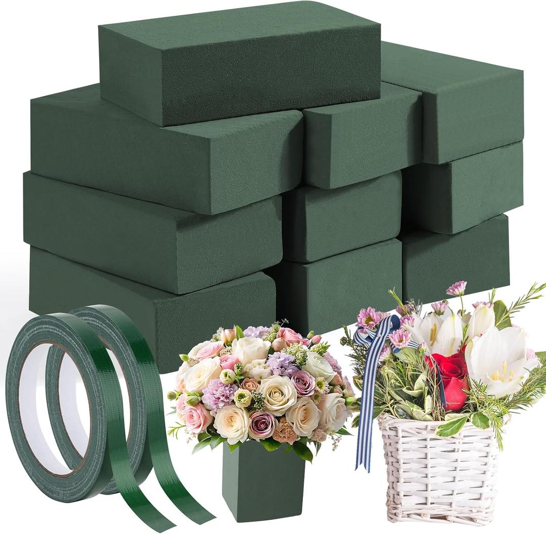 MAPVOLUT 10 Pcs Small Floral Foam Blocks 5.5 x 3.1 x 1.7, with 2 Rolls Waterproof Floral Tape - 12mm x 65.62ft, for Fresh or Artificial Flower Arrangements, DIY Wedding, Home Decor, and Crafts