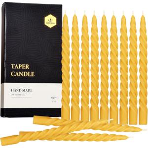Natural Beeswax Spiral Taper Candles Bulk -12 pcs - Organic Dripless Long Candle Sticks for Dinner Wedding Party Christmas Home Decorations - 10 Inch Tall - Yellow