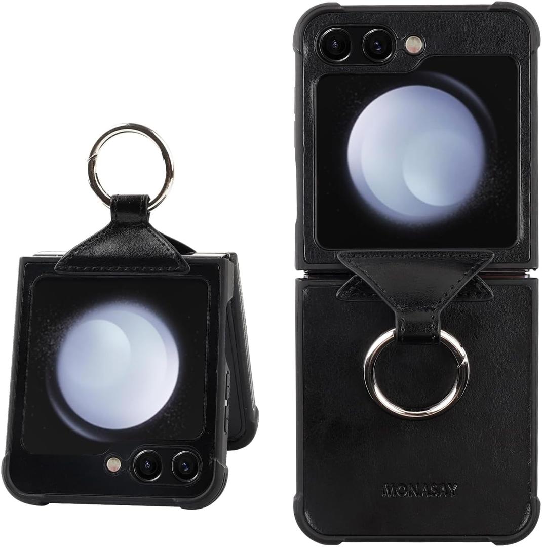 MONASAY Phone Case Compatible for Galaxy Z Flip 5,[Screen Protector Included] Leather Cell Phone Cover with Ring Compatible for Samsung Galaxy Z Flip 5, Burgundy