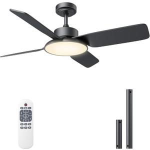 44" Ceiling Fans with Lights, Ceiling Fan with Light and Remote Control 44 Inch Ceiling Fan Modern Flush Mount with DC Reversible Motor Noiseless for Outdoor/Indoor Bedroom, Patios (Black)