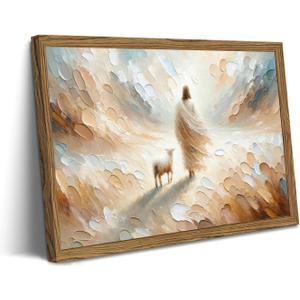 Framed Jesus leaves the 99 Sheep Canvas Wall Art, Christian Jesus and Lamb Wall Decor Paintings, Bible Good Shepherd Poster Prints Religious Home Decor for Living Prayer Room Church 16x24 inch