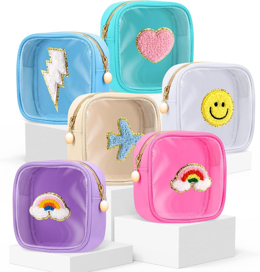 Silkfly 5 Pcs Cute Preppy Patch Makeup Bags Bulk Christmas Mini Pouches for Gifts Chenille Nylon Toiletry Macaron Color Cosmetic Bags with Zipper Clear Toiletry Pouches for Women Travel Supplies
