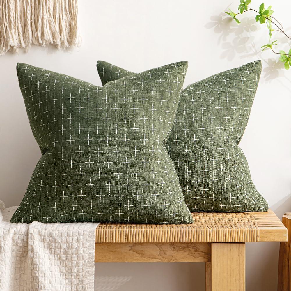 MIULEE Pack of 2 Decorative Vintage Burlap Linen Throw Pillow Covers Modern Farmhouse Pillowcase Rustic Woven Textured Cushion Cover for Sofa Couch Bed 18x18 Inch Olive Green