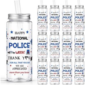 Vesici 24 Pcs National Police Week Appreciation Gift 14.2oz Thank You Gifts Lid and Straw Plastic Reusable Tumbler Bulk Inspirational Gifts Cold Drinking Cup for Police Week Party Favors