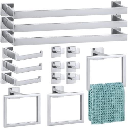 Gisafai 15 Pcs Bathroom Hardware Accessories Set 23.6" Bath Towel Bar Kit Stainless Steel Bathroom Hardware Set Towel Racks Ring Hooks Paper Holder for Wall Mounted (Silver)