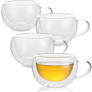 Double Wall Insulated Glass Tea Cups Set of 4, Clear Borosilicate Glass Espresso Shot Cups for Espresso Machine, Teacups Coffee Mugs with Handle for Cappuccino Latte, 7OZ/200ML (Clear)