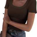 Roselux Women's Summer Scoop Neck Short Sleeve T-Shirts Ribbed Knit Slim Fitted Casual Basic Top (Brown) XL