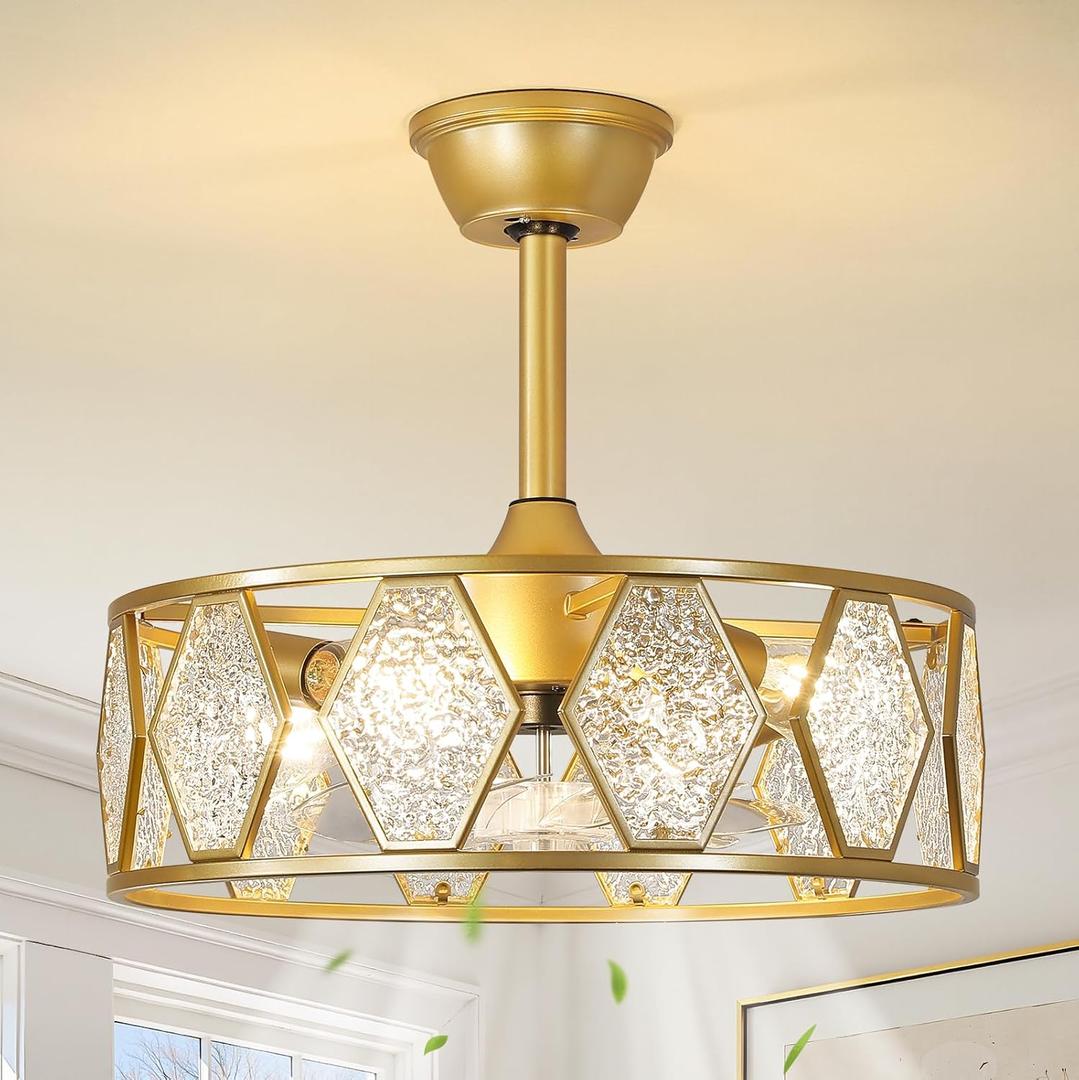 RUIYEY Crystal Ceiling Fans with Lights: 19 inch Gold Caged Fandelier Ceiling Fan with Remote, Height Adjustable Reversible 7 Blades 6 Speeds E26 4 Light Modern Flush Mount Ceiling Light for Bedroom