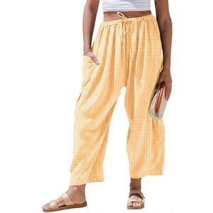 TARSE Womens Linen Wide Leg Striped Pants Casual Barrel Palazzo Harem Pants Gingham Pants, Loose Fit Drawstring Baggy Pants, Side Pockets, Lounge Pants, Beach Travel Vacation Trousers, Small