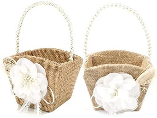  Burlap Wedding Flower Girl Basket Vintage Flower Basket Jute Roses Rustic Wedding Flower Girl Basket With Lace Satin Wedding Party Decoration (Flower-2pcs)
