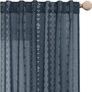 Navy Blue and White Patterned Curtains,Floral Boho Striped Print Farmhouse Winter Pattern Curtains for Living Room Bedroom 84 Inch Length (50"W x 84"L (Pack of 2))