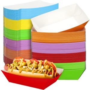 Panelee 120 Pcs Colorful 3.5 lb Nacho Boats Trays Disposable Paper Food Trays Paper Boats Plates Containers Disposable Serving Basket for Nachos Hot Dog Snack Sandwich Burger BBQ Dessert Popcorn Taco