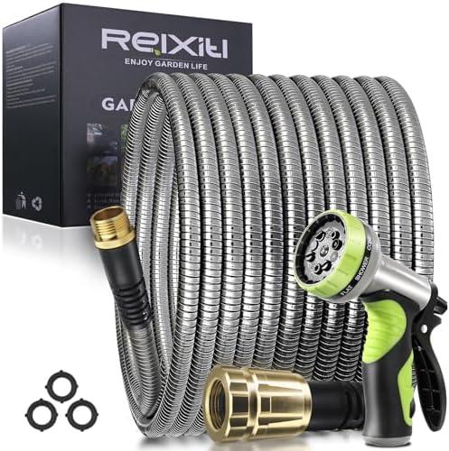 50FT Metal Garden Hose - Stainless Steel, Heavy Duty, Flexible & Lightweight, Never Kink and Tangle, with 10-Function Nozzle, Pressure Resistant for Outdoor Use (Yellow)