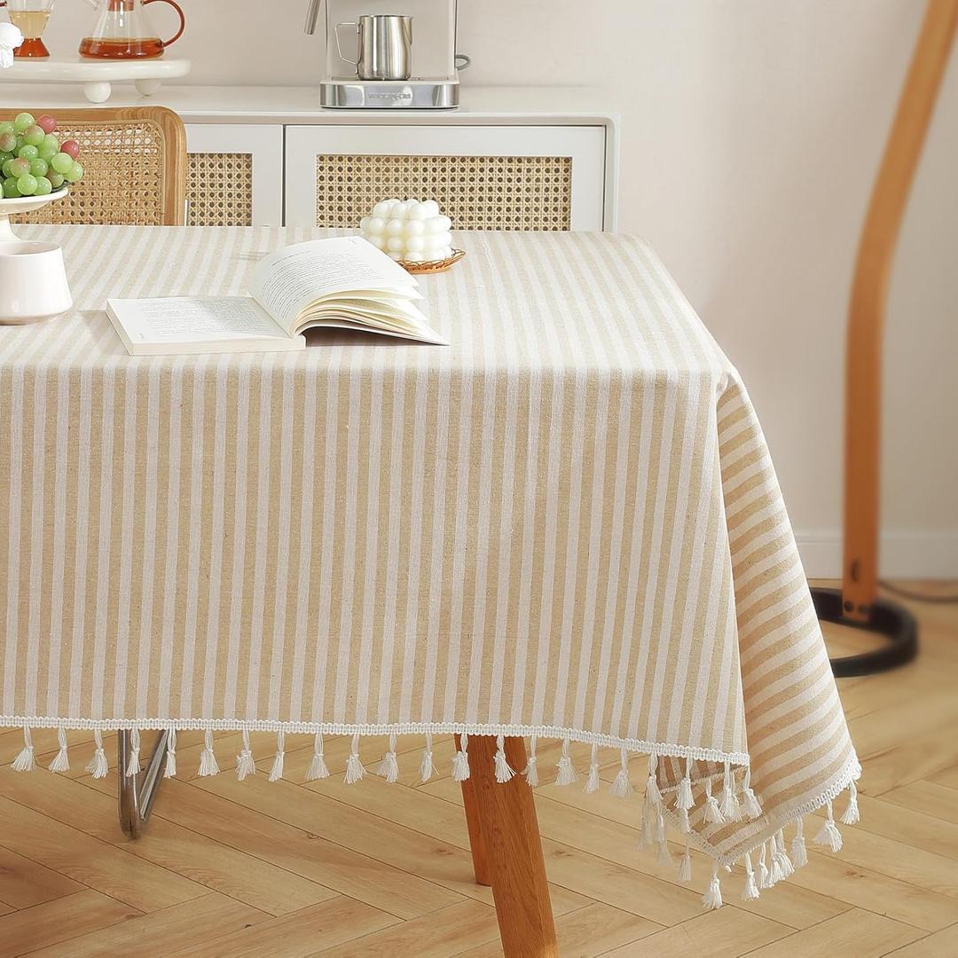 meioro Table Cloth Beige Striped Tablecloth Tassels Cotton Blend Dust-Proof Table Cover for Dining Coffee Buffet Kitchen Picnic Tables, Parties Tablecloths(55 x 78 Inch, Beige)