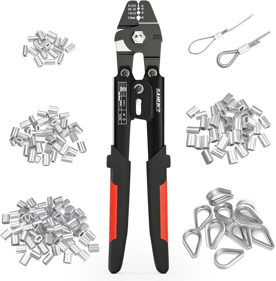 Sanuke Wire Rope Crimping Tool for 3/64 1/16 5/64 inch Aluminum Crimping Loop Sleeves Kit with 160pcs Aluminum Crimping Loop Sleeve and 10pcs Stainless Steel Thimble