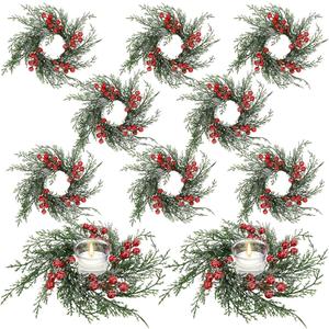 10 Pcs Christmas Candle Rings Wreath Artificial Candle Rings with Red Berry, Snowy Pine Garland Candle Ring Holder for Christmas Decorations Table Centerpiece