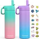 Kids Water Bottle, 2-Pack 20oz Water Bottles with Stickers and Straw, Stainless Steel Vacuum Insulated cup, Kids Water Bottle for School, Gifts for Boys and Girls(Purple/Green)