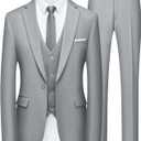 WULFUL Mens Slim Fit Suit One Button 3-Piece Blazer Dress Business Wedding Party Jacket Vest & Pant (Light Grey), Size: 3XL