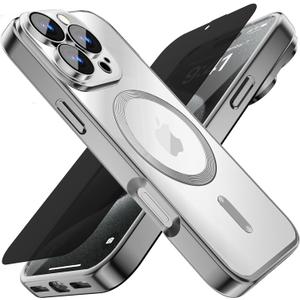 Misscase for iPhone 16 Pro Case with Privacy Screen Protectors,[Camera Lens Protector] Clear Magnetic Luxury Plating Case Compatible with MagSafe Elegant Anti-Scratch Case Cover Silver