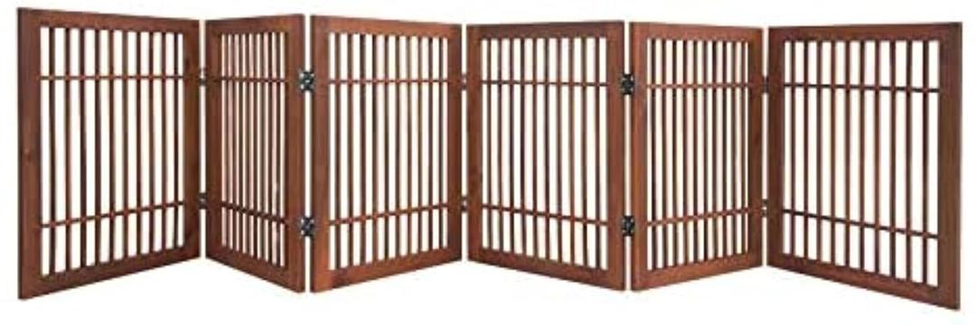 Urnporium Freestanding Wooden Dog Gate Foldable Indoor Pet Gate No Drill Expandable Barrier for Doorways Stairs Hallways Portable Wood Fence for Small Dogs & Puppies (Brown Pet Gate, 4 Panel 24" Tall)