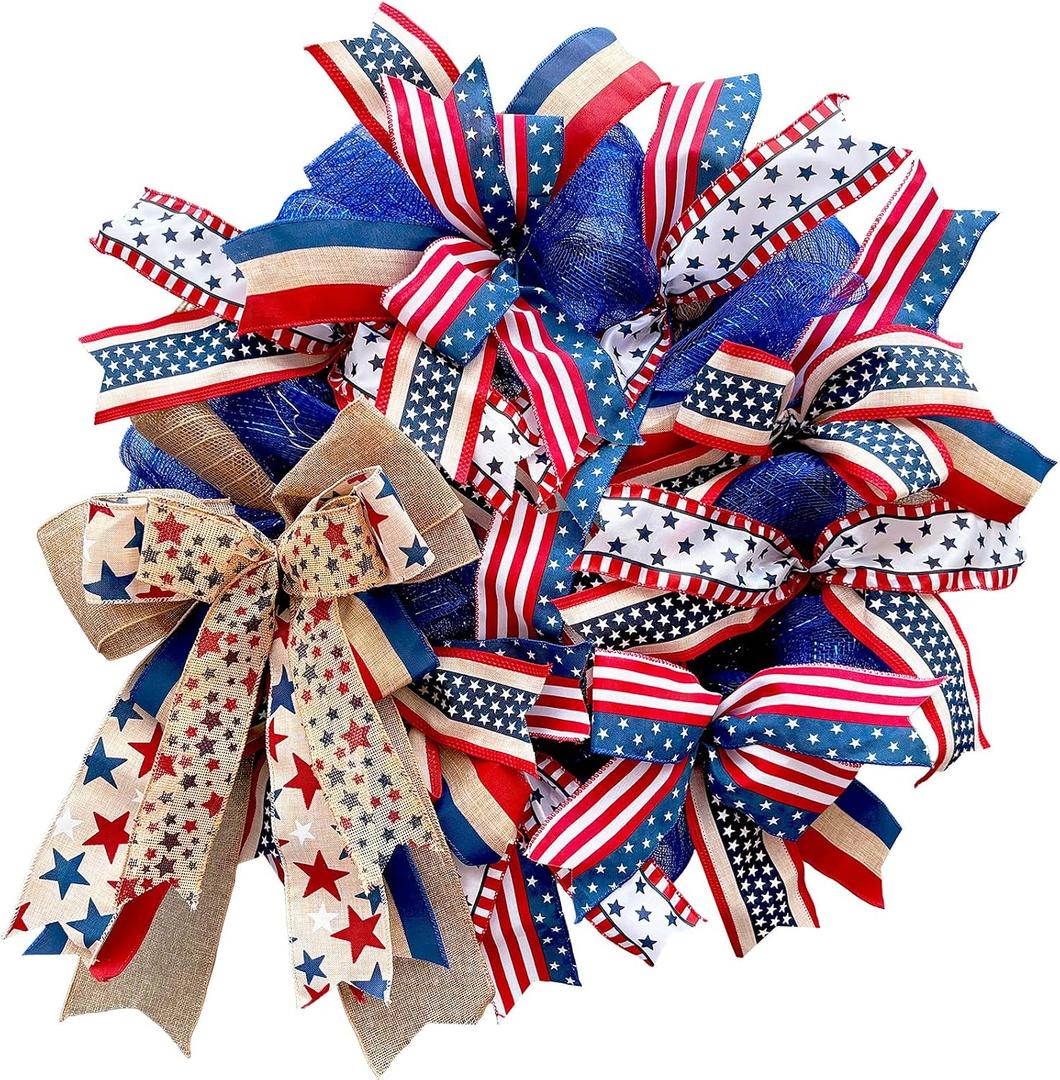 250th Anniversary Patriotic Wreaths for Front Door, 24 Inch Large Full Layered & Pre-Lit Design 4th of July Decorations with Burlap Bow, Red White and Blue Ribbon Wreath for Memorial Day
