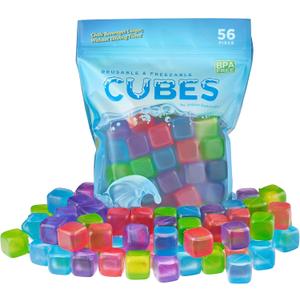 Urban Essentials Reusable Ice Cubes - Quick Freeze Colorful Plastic Square Ice cubes With Resealable Bag Assorted Colors Pack Of 56