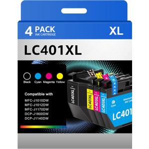 LC401XL LC401 Ink Cartridges Compatible for Brother Ink Cartridges LC401 XL to use with Brother MFC-J1010DW MFC-J1012DW MFC-J1170DW Printer Ink (Black Cyan Magenta Yellow, 4 Pack)