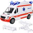 Kiddie Play Ambulance Toy with Lights and Sound Friction Powered Emergency & Rescue Vehicle Set Doors That Open and a Stretcher