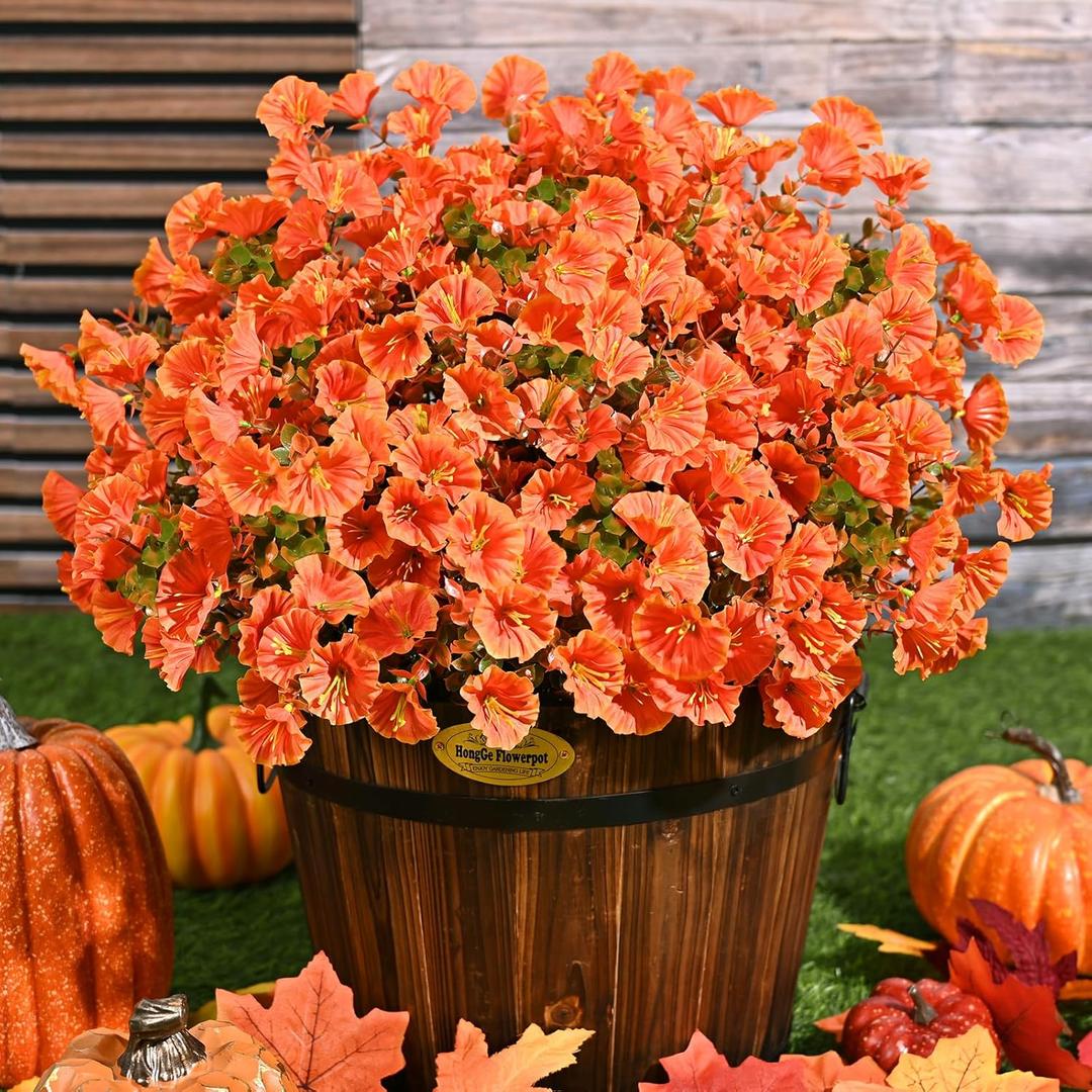 Waipfaru Fall Flowers Artificial for Decoration, 12 Bundles Fake Fall Flowers, UV Resistant Artificial Petunias Plants for Outdoors, Home Decor Planter Porch Decoration, Pot Not Include, Green Orange (Brown)