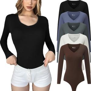 FMNNNN 5 Pack Body Suits for Womens Long Sleeve V Neck Casual Stretchy Basic T Shirt Bodysuit Tops (Small, 5 Pieceblack/White/Coffee/Blue/Green)